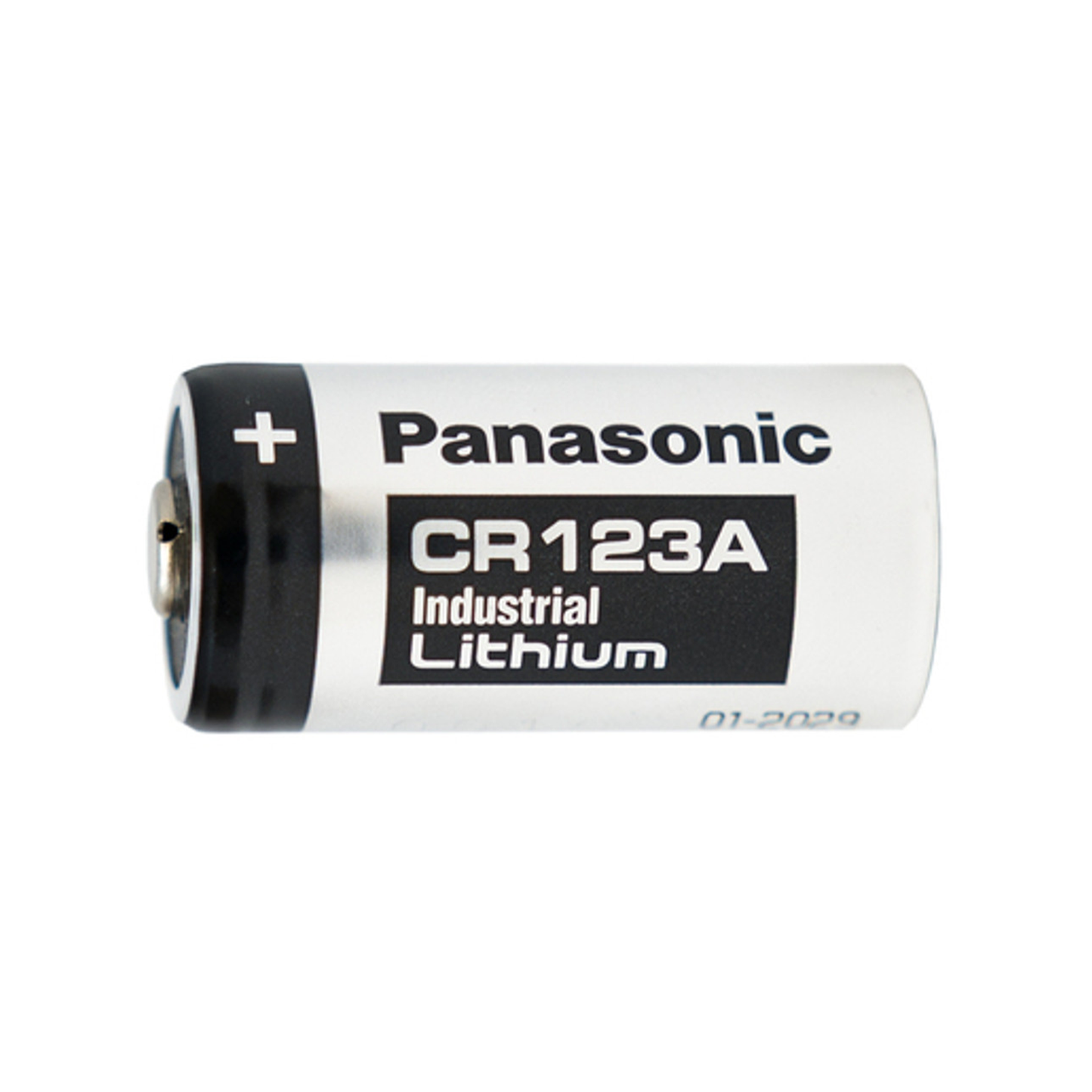Panasonic CR123A lithium battery on a white background