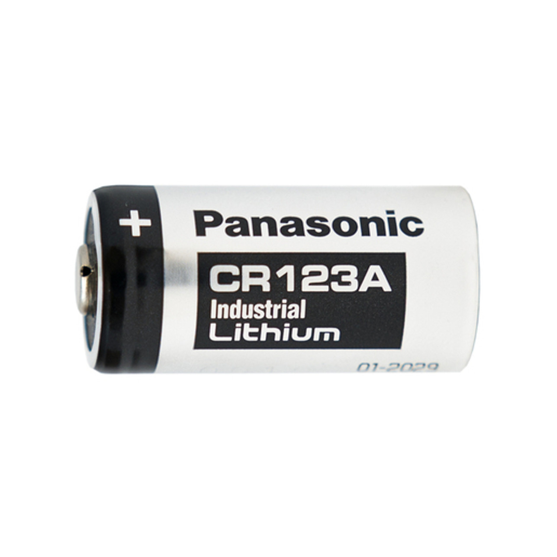 Panasonic CR123A lithium battery on a white background